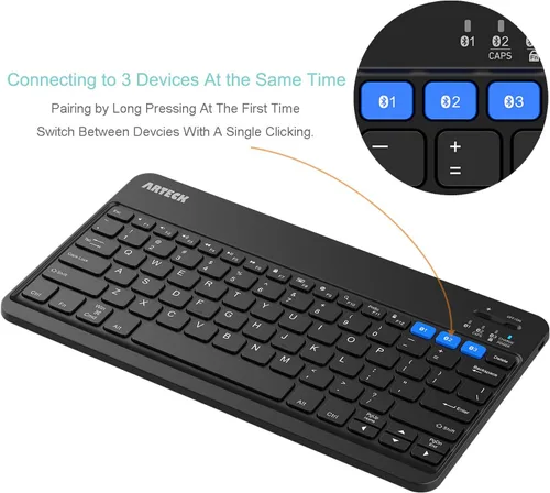 Vista 2 de Arteck HB220B Universal Retroiluminado 7 colores y brillo ajustable Multi-dispositivo delgado portátil inalámbrico Bluetooth 3.0 teclado para iOS