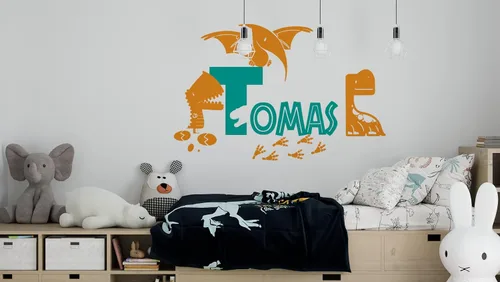 Calcomanía de pared de dinosaurios con nombre personalizado, calcomanía con nombre infantil para guardería, niños y niñas, diseño de dinosaurio