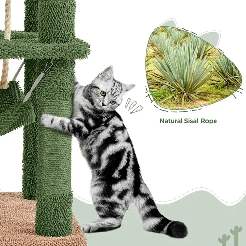 Vista 8 de Yaheetech Árbol de cactus para gatos de interior, torre para gatos de 62 pulgadas con postes rascadores, hamaca y bola colgante, muebles de centro