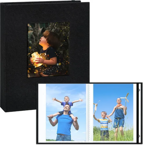 Álbum de fotos pequeño de 5 x 7 pulgadas, 2 unidades, páginas transparentes, cubierta de lino con ventana frontal, cada mini álbum con capacidad