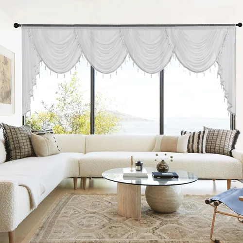 Vista 10 de NICETOWN Cortina de cenefa blanca transparente para sala de estar, cocina estilo granja, cascada, cortinas Victoria pequeñas, cortinas de cuentas