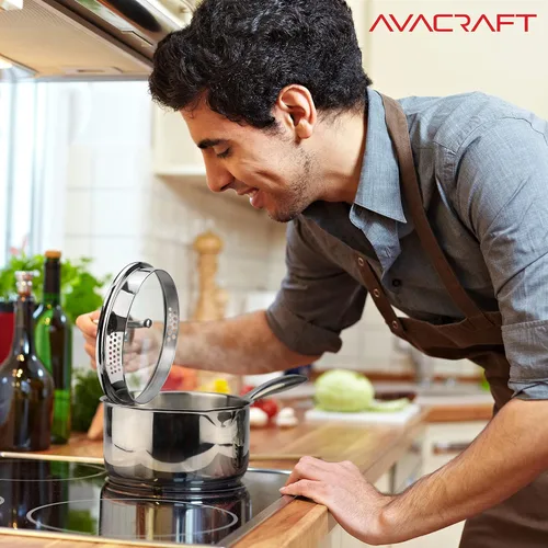 Vista 7 de AVACRAFT Cacerola de acero inoxidable con tapa coladora de vidrio, dos picos laterales para verter fácilmente con mango ergonómico, olla multiusos