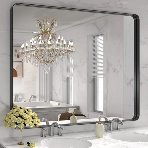 Vista 84 de LOAAO - Espejo de tocador para baño con marco de metal negro mate de 48 x 32 pulgadas para pared, rectangular, grande, redondeado, anticorrosión