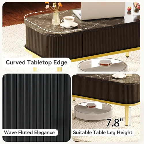 Vista 5 de Lift Top Coffee Tables for Living Room, Mid Century Modern Fluted Coffee Table with Storage, Rectangle Center Table with Faux Marble Flip-Top, Small