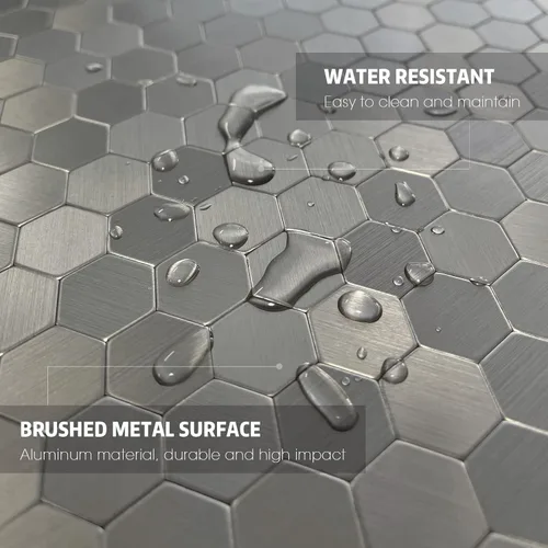 Vista 7 de Protector contra salpicaduras de acero inoxidable hexagonal despegar y pegar, azulejos de pared autoadhesivos de aluminio despegar y pegar