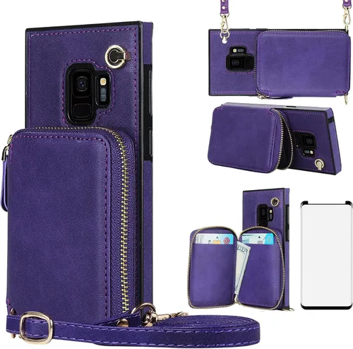 Asuwish Funda de teléfono para Samsung Galaxy S9 Funda tipo cartera con protector de pantalla de vidrio templado y soporte para tarjetas con
