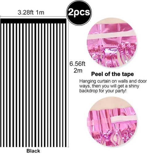 Vista 2 de 2 Piezas de Cortinas de Flecos de Oropel de Tinsel Metálico Negro, 3.28 pies x 6.56 pies, Banderines para Cumpleaños, Boda, Compromiso, Despedida