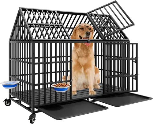 Vista 11 de Jaula de perro indestructible resistente de 44 pulgadas, jaula para perros a prueba de escape, con ruedas bloqueables, puerta doble de alta
