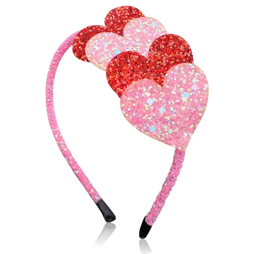 Totelux Diadema de San Valentín con purpurina en forma de corazón, color rosa y rojo, accesorios para el cabello para mujeres y niñas, fiesta de San