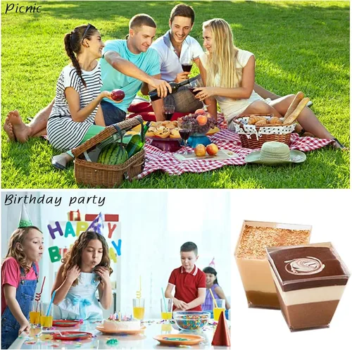 Vista 8 de Jizvxe Paquete de 50 unidades de tazas de postre cuadradas de 3.5 oz, tazas de postre de plástico transparente, tazas desechables para degustación