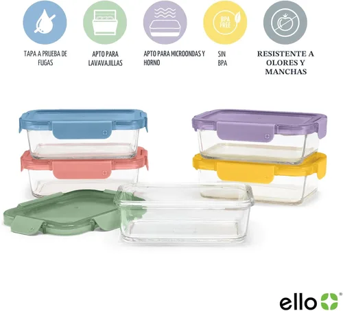 Vista 3 de Ello Color Lock 3.4 tazas 10 piezas, juego de 5 sets de preparación de comidas de vidrio con recipientes herméticos de almacenamiento de alimentos