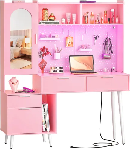 Vista 10 de Armocity Tocador de maquillaje de 48 pulgadas con estante superior, tocador negro para dormitorio con estación de carga y LED, mesa de tocador alta