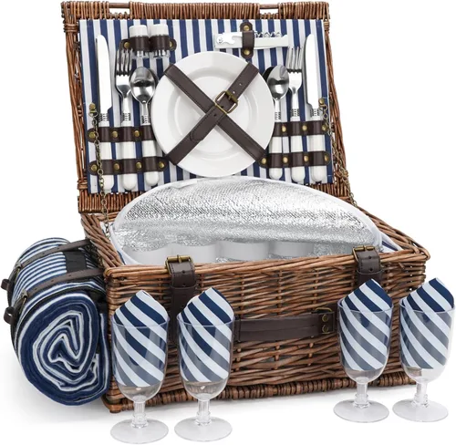 Vista 9 de Cesta de picnic de mimbre para 2 personas con manta de picnic impermeable, juego de picnic para 2 personas con alfombrilla de playa a prueba