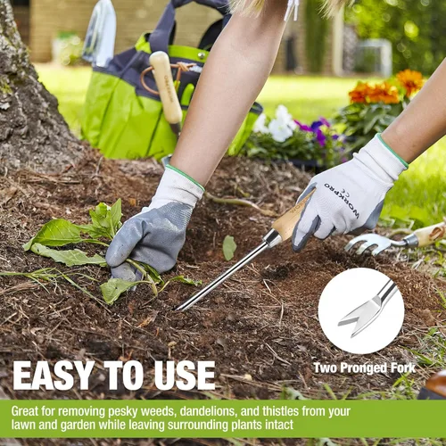 Vista 5 de WORKPRO Herramienta extractor de malezas de diente de león con mango de madera, herramienta de eliminación de malezas de jardín de acero inoxidable