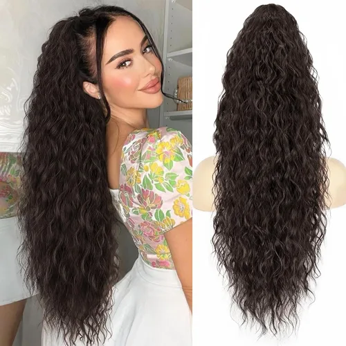Vista 14 de ALXNAN Cola de caballo con clip de garra, extensión de cola de caballo marrón oscuro de 26 pulgadas para mujer, extensiones de cabello sintético