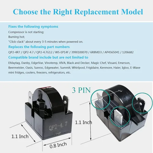 Vista 4 de Parte de repuesto de 3 pines QP2-4.7/QP2-4R7 4.7 Ohm Refrigerador PTC Relé de arranque/arranque - Compatible con Whirlpool, Frgidaire, Kenmore