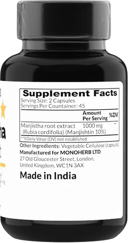 Vista 2 de Manjistha 1000 mg - 90 Cápsulas Vegetarianas - Extracto de raíz de Manjistha Supremo - Rubia Cordifolia