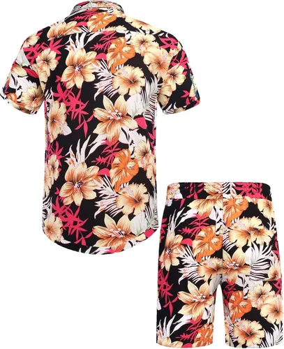 Vista 3 de COOFANDY Conjunto hawaiano a juego para hombre, conjunto de 2 piezas, camisas y pantalones cortos de flores