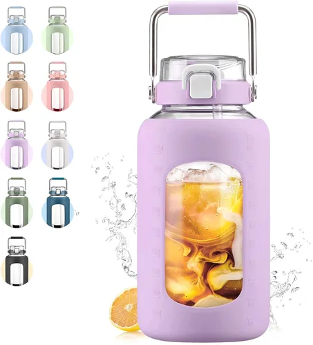 Vista 20 de WINSA Botella de agua de vidrio de 84 onzas con asa de acero inoxidable, botella de agua de 2.4L con tapa de pajita 2-EN-1, funda de silicona