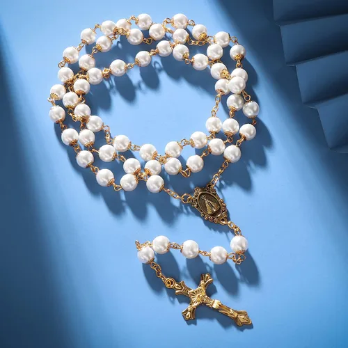 Vista 2 de Collar de rosario con cuentas de perlas católicas, medalla milagrosa y rosario de cruz para mujer