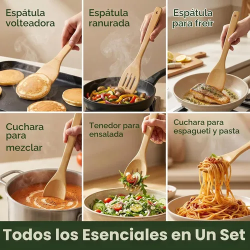 Vista 5 de Juego de utensilios de madera de bambú, 6 piezas, antiadherentes, seguros y resistentes al calor, utensilios de bambú para cocinar, fáciles
