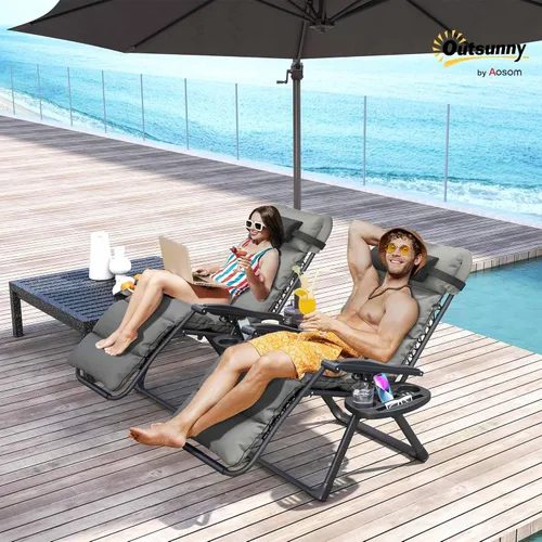 Vista 3 de Outsunny Zero Gravity - Juego de 2 sillas reclinables plegables de gravedad cero, sillas de salón para exteriores con cojín extraíble, reposacabezas