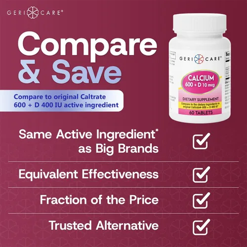 Vista 2 de GeriCare Calcio 600mg - Vitamina D 10mcg Tabletas - Salud ósea - Suplemento nutricional, 60 unidades (paquete de 1)