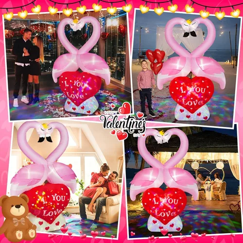 Vista 8 de Cisne inflable de pareja de 6 pies con corazón de amor, decoración de patio inflable con luz LED, decoración romántica de corazón para fiesta de San