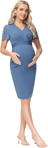 Vista 2 de Maacie Vestido ajustado de maternidad con malla en contraste de manga largacorta, con pompones, para baby shower