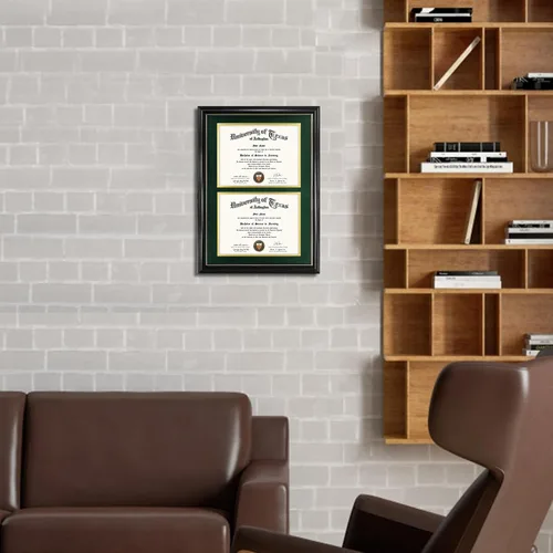 Vista 6 de GraduationMall Marco de diploma doble de 8.5 x 11 pulgadas, madera maciza y acrílico con protección UV, acabado negro con borde dorado, verde bosque
