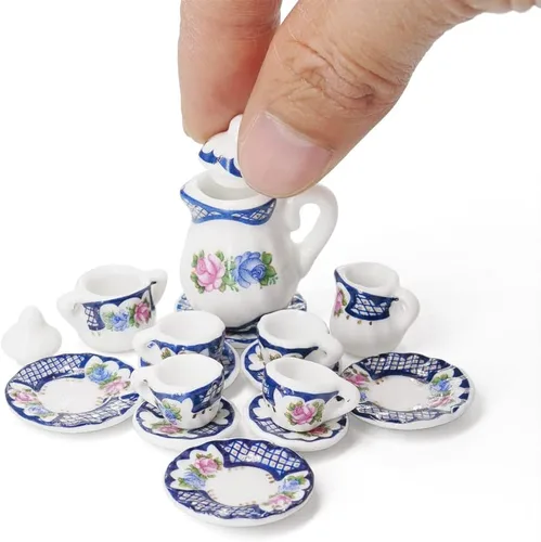 Vista 7 de Odoria 1:12 Miniatura 15pcs porcelana azul Chintz taza de té Set (azul)
