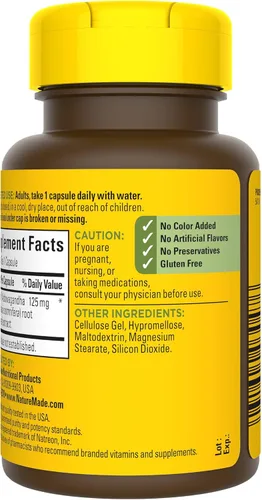 Vista 8 de Nature Made Ashwagandha 125 mg, suplemento dietético para apoyo al estrés, 60 cápsulas, suministro para 60 días