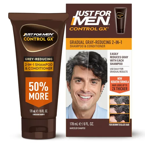 Champú y acondicionador (dos en uno) Just For Men Control GX para reducción de canas, color gradual del cabello con queratina para un cabello más