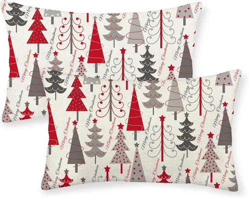 Vista 37 de Juego de 2 fundas de almohada navideñas de 16 x 16 pulgadas, fundas de almohada de lino color rojo con diseño de alces y ciervos de invierno