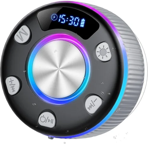 Vista 13 de Bluetooth Shower Speaker, IP7 Waterproof Portable Bluetooth 5.3 Speakers with Suction Cup, Mini Wireless Speaker with RGB Lights Time Display, Loud
