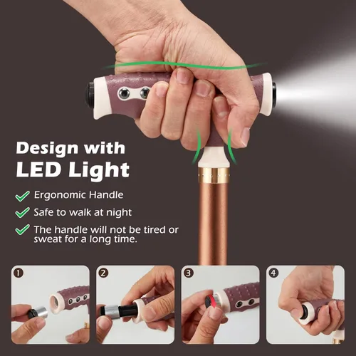 Vista 7 de Haddockway Bastón de caminar con asiento plegable, capacidad de 440 libras, silla de muleta portátil con luz LED, altura ajustable, taburete