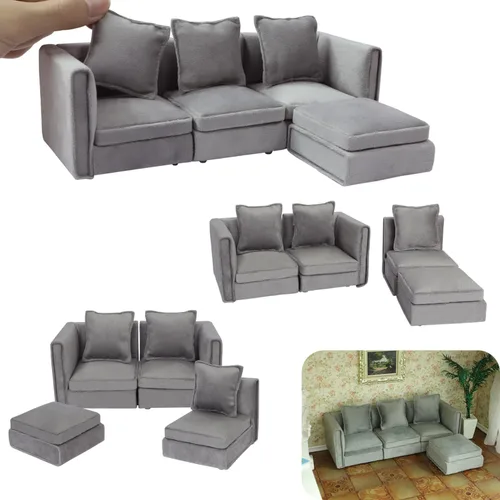 Vista 10 de iLAND Muebles de Casa de Muñecas Sofá Seccional en Miniatura para Decoración de Casa de Muñecas Compatible con Accesorios a Escala 1/12, Sofá