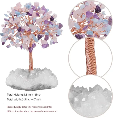 Vista 2 de rockcloud Árbol de dinero de cristal hecho a mano con base de racimo de cristal de roca, árbol bonsái con piedras preciosas para decoración de Rosa