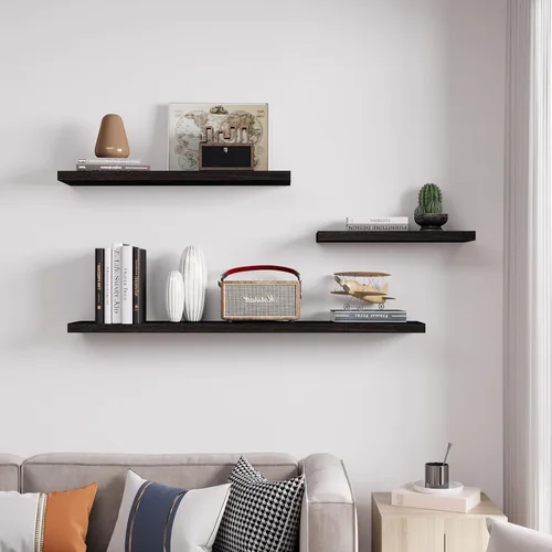 Vista 4 de Estantes flotantes de pared de madera maciza, almacenamiento para dormitorio, sala de estar, juego de 3, estantes de pared negros rústicos