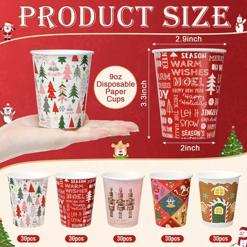 Vista 2 de Gerrii 150 Piezas Vasos de Papel Desechables de Navidad de 9 oz Vasos de Papel de Chocolate Caliente Cacao Vasos para Bebidas de Invierno 5 Diseños