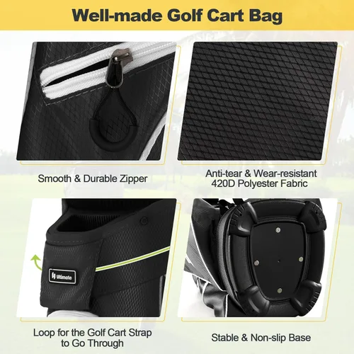 Vista 4 de GYMAX Bolsa de golf, bolsa de carrito de golf con divisor de 15 vías con 7 bolsillos con cremallera, 2 bolsillos de fieltro impermeables, bolsa