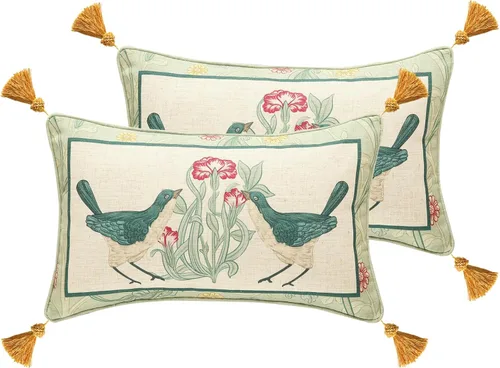 Vista 69 de patdrea Fundas de almohada de diseño floral vintage para sofá, fundas de almohada de lino marrón amarillo con patrón de pájaro y rosa, cojín