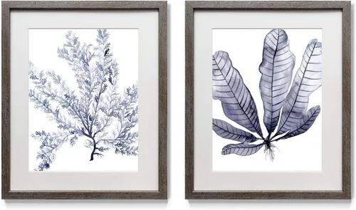 Vista 14 de Renditions Gallery Antique Coral in Navy (1) 2 Piece Framed Artwork Set, Underwater Ocean Themed Pair, Blue, Modern Distressed Silver Frame, White