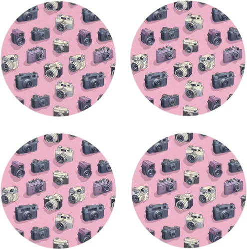 Retro Camera Pink Print Coasters Set of 4, Drink Coasters for Tabletop Protection Suitable for Kinds of Cups, Funny Cup Coaster for Coffee Table