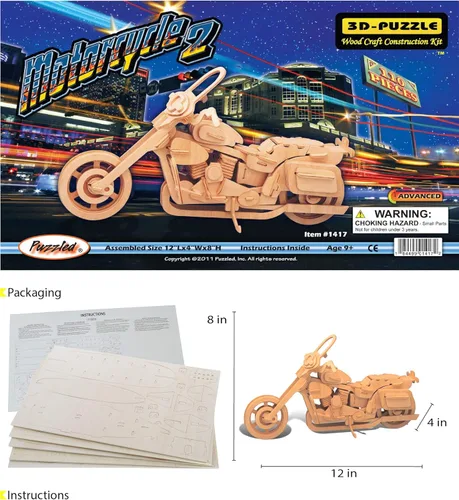 Vista 2 de Puzzled Rompecabezas 3D para motocicleta, kit de modelo de construcción de madera, divertido y educativo, juguete de madera para armar