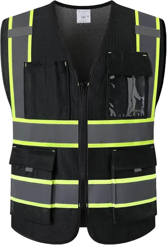 Vista 15 de Chaleco de seguridad de malla reflectante para hombres y mujeres, con 5 bolsillos y cremallera frontal, chaleco de malla de alta visibilidad