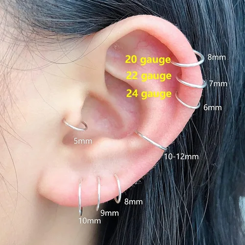 Vista 3 de Aretes de aro pequeños de oro o plata de ley para mujeres y niñas, cartílago, nariz, hélix, tragus