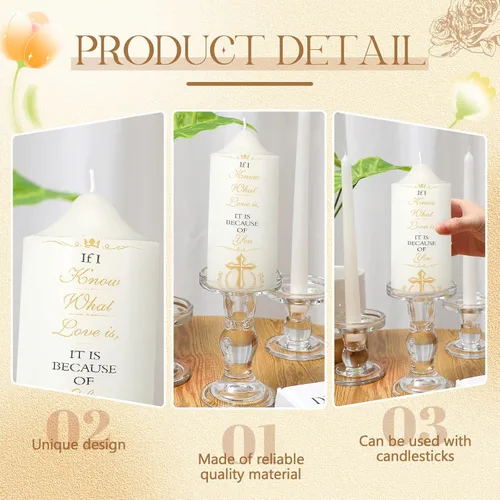 Vista 3 de MTLEE Juego de 3 velas Unity con portavelas para boda, incluye 1 pilar y 2 velas cónicas para ceremonia, accesorios de boda, bautismo, iglesia