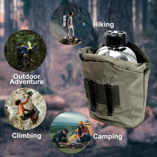 Vista 7 de Cantimplora Militar de Acero Inoxidable de 1.2QT Portátil del Ejército con Taza de 0.6QT y Fundas para Camping, Senderismo, Escalada y la Mayoría