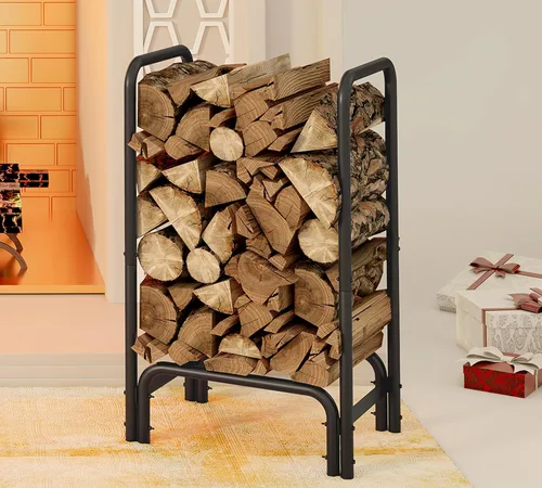 Vista 3 de Kingson Soporte de leña para chimenea de interior y exterior, color negro, desmontable para almacenamiento de leña